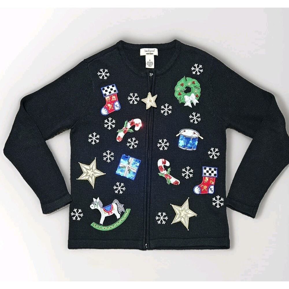 Bechamel Ugly Christmas Sweater Zip Front Black Embroidery Beaded Size Small